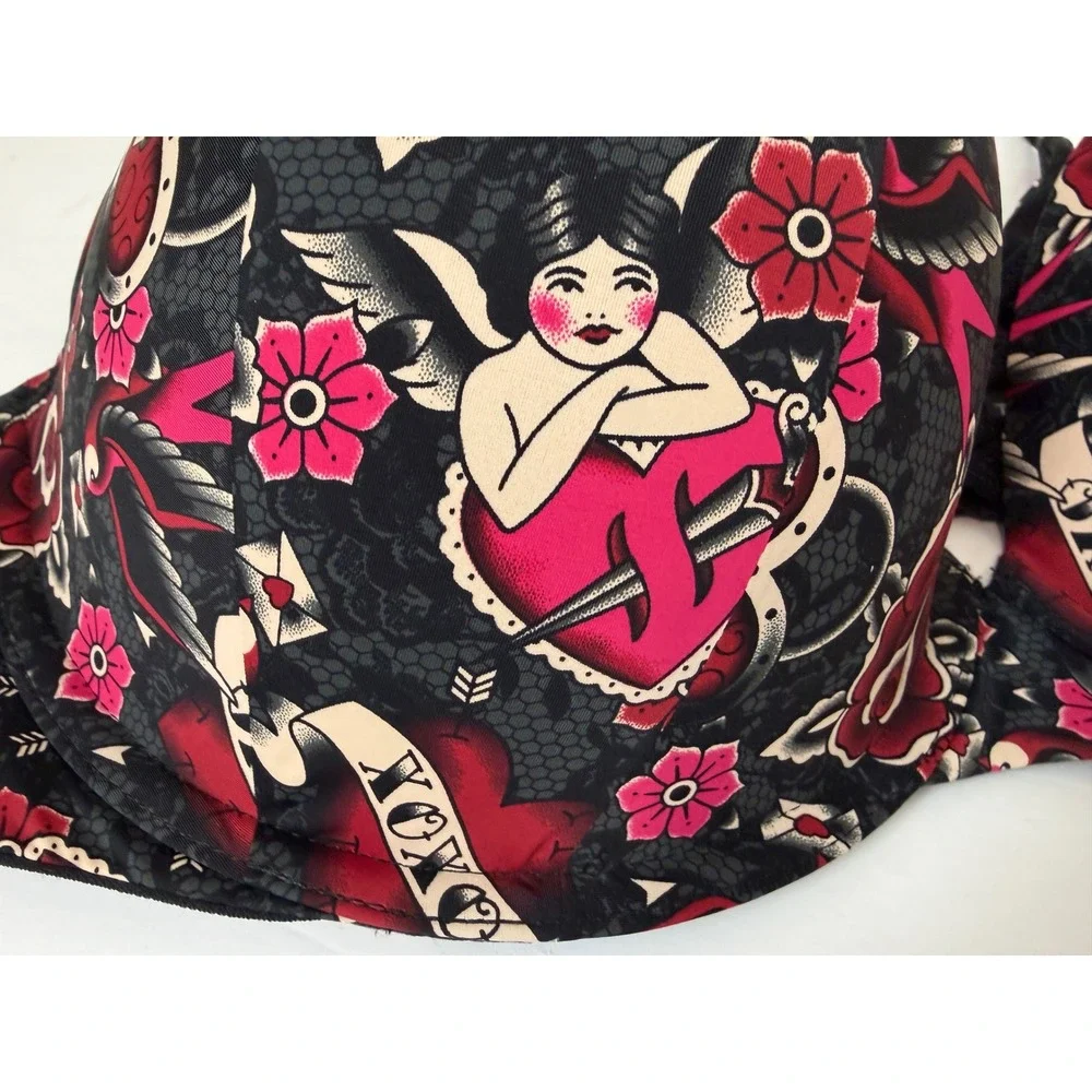 Torrid Curve XO‎ Plunge Push-Up Smooth Bra Sz 42DDD Black Red Rose Tattoo Floral